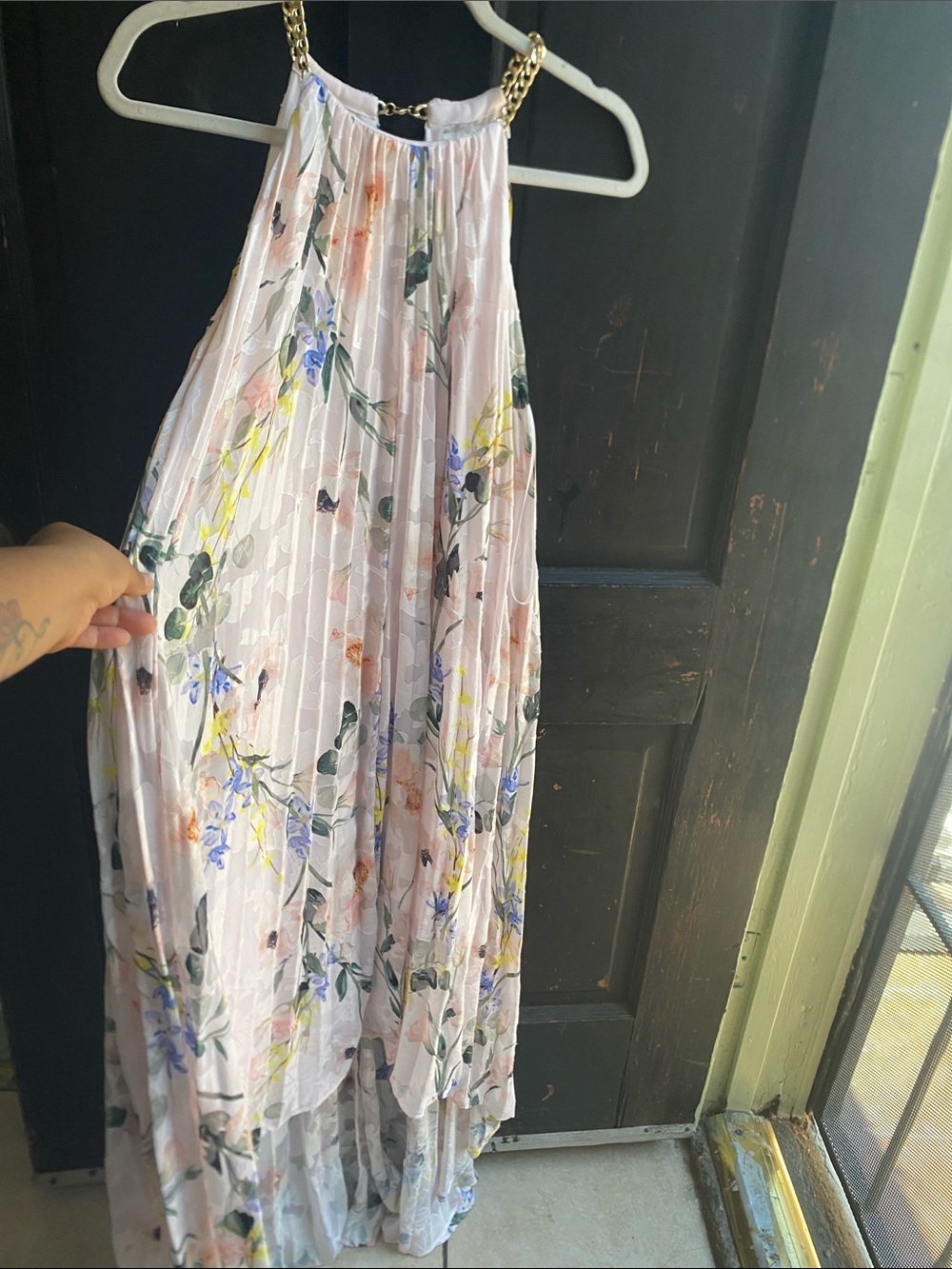 Ted Baker London Pink Floral High-Low Halter Dress with Gold Chain Straps
